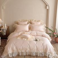 Prancūziškų nėrinių medvilninis 4 dalių princesės patalynės komplektas su siuvinėtu lovatiesiu 1.8m Sheet Set Duvet 200x230 gray
