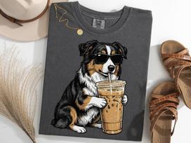 Miniature American Shepherd Drinking Iced Coffee Shirt, Funny Shepherd Meme Tee L black