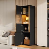Display cabinet, tall cabinet with LED lighting, 2 doors (one of them acrylic). Black+Natural. Dimensions: W50 x D40 x H179 cm. 50 x 40 x 179 cm