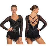 Viskas viename našumo kombinezonas moterims S-XXL: Puikiai tinka Tango, Rumbai ir dailiajam čiuožimui su tinklinėmis rankovėmis ir atviru nugara S juoda