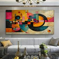 Didelis modernus abstraktus meno paveikslas ant drobės - Ryški geometrinė kompozicija su besisukančio proto tema, puikiai tinkanti svetainės ir miegamojo sienai 50x150cm No Frame black