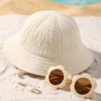 2Pcs Muslin Baby Summer Hat Sunglasses Set Kids Panama Sun Hats for Girls Boys Beach Travel Baby Cap Infant Bucket Hats 0-2Y 0-2Y smėlis