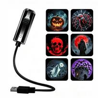Helovino kaukolės LED projektoriaus šviestuvas, maitinamas per USB, 360° besisukanti vaiduoklio naktinė lempa šeimos vakarėliui, kiemo dekoravimui A4
