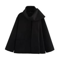 Madingas moteriškas laisvalaikio nuimamas šalis vilnonis paltas striukė S black