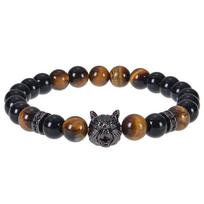 Wolf Charm Bracelets Men Natural Black Agates Onyx Stone Bracelet Brave Blue Tiger Eye Elastic 8 mm Beads  Beaded Pulsera black