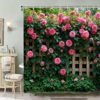 1pc Lush Garden Rose Print Shower Curtain, Relaxing Pink Floral Design with Green Foliage, Perfect for Any Bathroom Decor 90X180CM gray