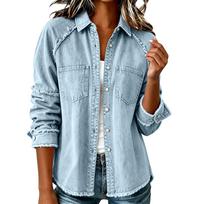 Women's Casual Long Sleeve Button Front Denim Jacket L dangaus mėlyna spalva