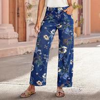 High-Waisted Retro Floral Print Wide-Leg Jeans L tamsiai mėlyna spalva
