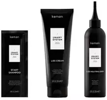 Unamy System Liss Set Kemon: Start Hair Šampūnas, 20 ml + Liss Kreminis Hair Treatment Kreminis Mask, 250 ml + Liss Neutralizer Hair Treatment Lotion Mask, 250 ml