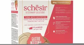 Schesir Veterinary Solutions Virškinimo sistemos, maistas su morkomis, katėms, tunas ir baltoji žuvis, sultinyje, 8x80g, skardinė, pakuotė (SR-1136)