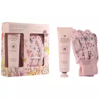 The Luxury Bathing Company rinkinys: Wildflowers drėkinamasis rankų kremas, 100 ml + Wildflowers sodo pirštinės moterims, 2 vnt.