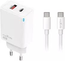 Maxlife MXTC-09-45AC PD QC įkroviklis 1x USB-C 1x USB 45W baltas + USB-C – USB-C laidas 2.0m 60W