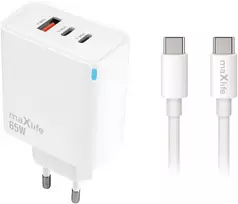 Maxlife MXTC-09-65ACC PD QC įkroviklis 2x USB-C 1x USB 65W baltas + USB-C – USB-C laidas 2.0m 100W