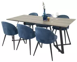 Valgomojo stalas Marina, Pilka/Juoda + 6 kėdės Velvet, Mėlyna