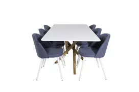 Valgomojo stalas Piazza, Tikmedžio/Balta 180*90*75+6 kėdės Velvet, Balta/Mėlyna