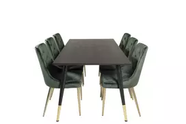 Valgomojo stalas Dipp, 180x90cm, Juoda + 6 kėdės Velvet Lyx, Žalia