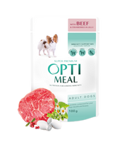 Optimeal ™ Visavertis konservuotas pašaras suaugusiems šunims su jautiena ir spanguolėmis drebučiuose 100g.
