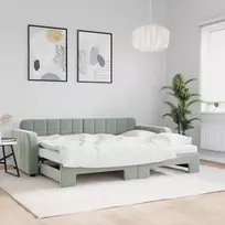 Lova su ištraukiama dalimi/čiužiniu, pilka, 80x200cm, aksomas