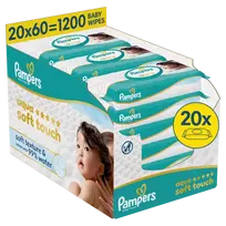 Pampers Aqua Soft Touch Servetėlės Kūdikiams, 20 Pakuotė, 1200 Servetėlės