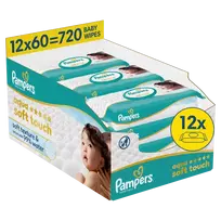 Pampers Aqua Soft Touch Servetėlės Kūdikiams, 12 Pakuotė, 720 Servetėlės