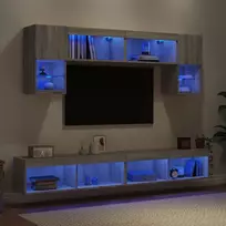 Sieninė TV sekcija su LED, 6 dalių, pilka ąžuolo, mediena