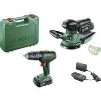 Bosch 06039D410A akumuliatorinių įrankių rinkinys, 18V, 2x2Ah, smūginis gręžtuvas, ekscentrinis šlifuoklis, įkroviklis