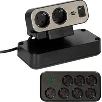 Brennenstuhl estilo Duplex 9-way table power strip, 2x USB, black/silver, 2-meter cable, USB-A, USB-C, with illuminated safety switch
