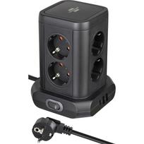 Brennenstuhl 8-way power strip tower, 2x USB-A, 1x USB-C, black power strip, 2 meter cable, with safety switch