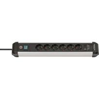 Brennenstuhl Premium-Alu-Line 6-way power strip, 2x USB black/aluminum, 3 meter cable, USB-A, USB-C, with safety switch