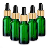 Žalia 20 ml stiklinė butelė su auksine aliuminio pipete, 5 vnt. rinkinys