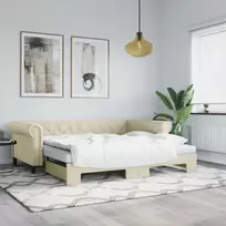 Ištraukiama lova su čiužiniais, kreminė, 90x200cm, dirbtinė oda