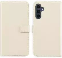 Selencia natūralios odos atverčiamas dėklas, skirtas Samsung Galaxy A15 (5G) – pilkšvai smėlinės spalvos