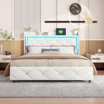 Lova su LED apšvietimu ir USB jungtimi, balta, PU oda, 140 × 200cm