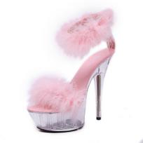Moteriški aukštakulniai „stiletto“ seksualūs juodi, vandeniui atspari platforma „Hate The Sky High“ kailiniai sandalai, moteriški, vasaros 330 serija, 15 cm kulnas, 5 cm platforma iš LFD 38 rožinė