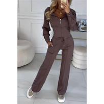 Women's Drawstring Hoodie Zip Up 2 Piece Tracksuit Long Sleeve Top And Wide Leg Pants L tamsiai ruda spalva