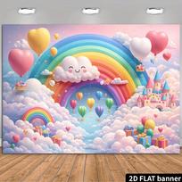 2D Rainbow Cloud Castle Background, Macaron Balloon, Smiling Cloud, Gift Box Elements, Fiber Material, 47.2x31.5inch/120*80cm blue