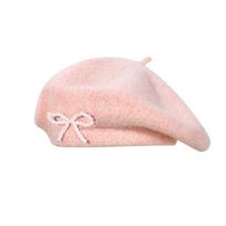 Pearl Wool Beret Knitted Beanie Cap Sweet Bow Beret  Women rožinė