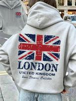 Unisex London UK Flag Sports Hoodie Union Jack Vintage Print Light Gray Oversized Pullover Streetwear Sweatshirt Spring Autumn 2XL
