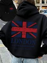Unisex London UK Flag Sports Hoodie Union Jack Vintage Print Light Gray Oversized Pullover Streetwear Sweatshirt Spring Autumn 2XL blue