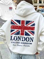 Unisex London UK Flag Sports Hoodie Union Jack Vintage Print Light Gray Oversized Pullover Streetwear Sweatshirt Spring Autumn S gray