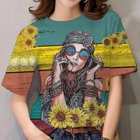 Summer Round Neck Boho Style  Stay Trippy  Graphic 3D Print Top Fashionable Casual Short Sleeved Women's T-shirts 6XL blue
