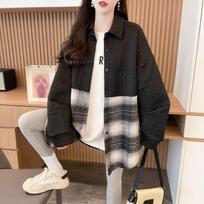 Casual Loose Lazy Style Patchwork Plaid Shirt Design Sweatshirt Jacket Leisure XXL juoda