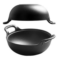 Cast Iron Wok Anti Stick Thickened Cast Iron Stir Fry Pan with Wooden Lid Handles for Multiple Cooktops black