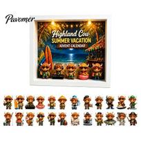 Summer Vacation Themed Advent Calendar Highland Cow 2026, 24 Days Mini Cattle Figurines Unique for Kids Countdown with LED Light Frame Farmhouse juoda