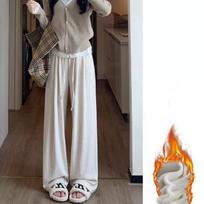 Caramel Lazy Knitted Thickened Fleece Women's Casual Pants High Waist Straight Leg Autumn Winter Warm Comfortable Leisure Tro... XL gray