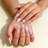 Fast Adhesive Press On Nail with Tabs Included, Soft Blush 3D Flower Design, Speckled Accent Pieces and Crystal Trim for Party Ready Styling 1 beige