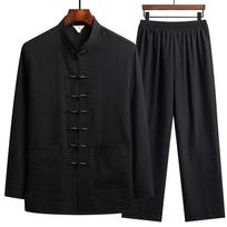 Vyriškas tradicinis kinų drabužių komplektas Rudens Lino Sagtelė Marškiniai Rytietiškas Retro Viršus+ Kelnės Tai Chi Kvėpuojanti Uniforma Hanfu 2 dalių komplektas 3XL black