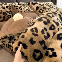 Prabangus Rex triušio kailio leopardo rašto 4 dalių patalynės komplektas - Storas pieno vilnos, šiltas žiemos antklodės užvalkalas. 1.8*2.2 Single Duvet Cover brown