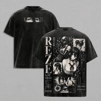 Reze Chainsaw Man Manga T-shirt Harajuku Anime Vintage Washed T Shirt Men Women Clothing Summer Casual Loose Cotton Tees Cothes M black