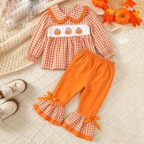 Toddler Girls Halloween Pumpkin Embroidery Long Sleeve Neck Pullover Sweatshirt and Elastic Waist Flared Pants Set 110 oranžinė